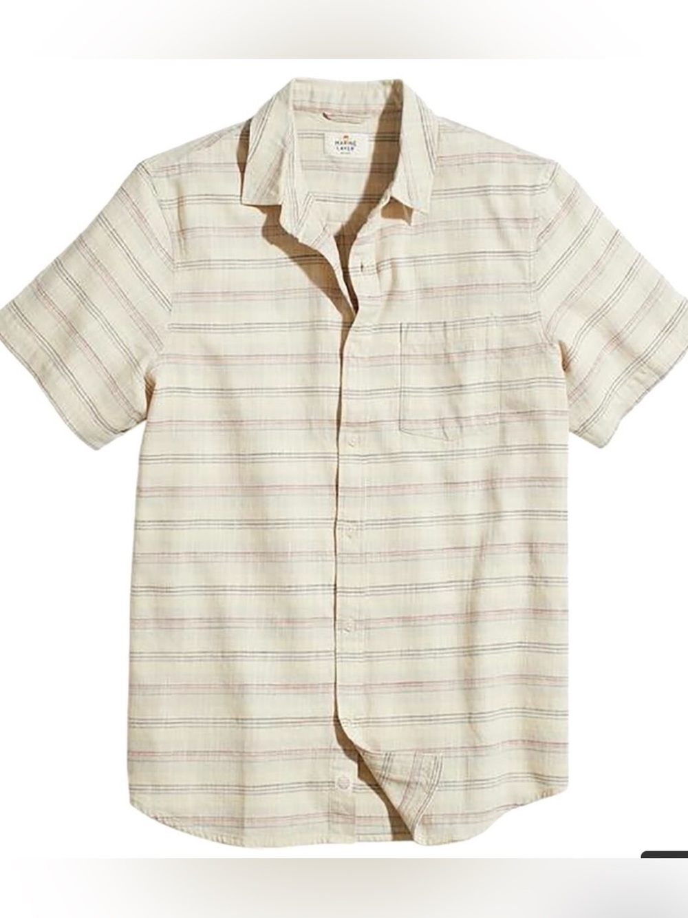 Marine Layer Cream Short-Sleeve Button-Down Shirt with Subtle Stripes